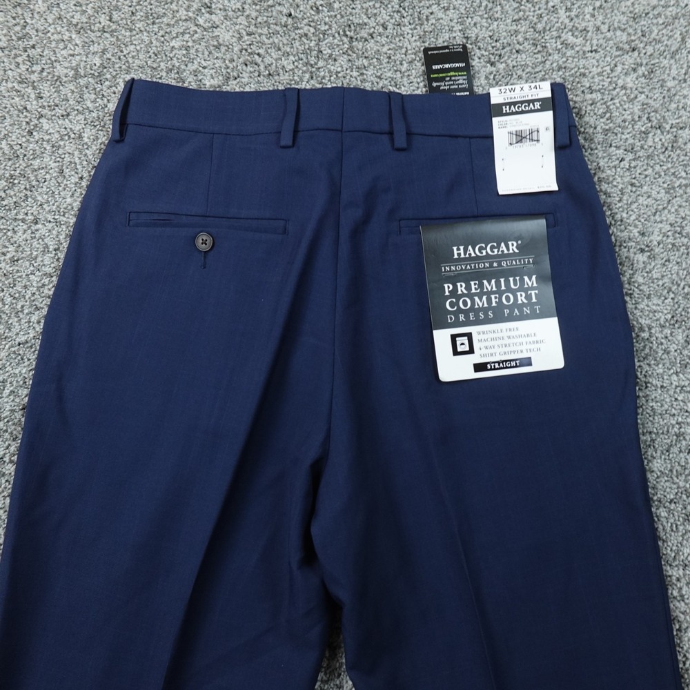 NEW Haggar Pants Mens 32X34 Blue Chino Trouser Dress Slacks Flat Front Stretch